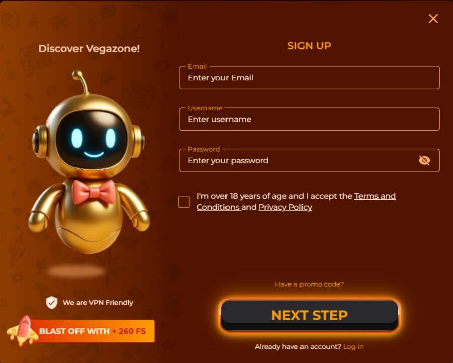 Register for an Account with VegaZone