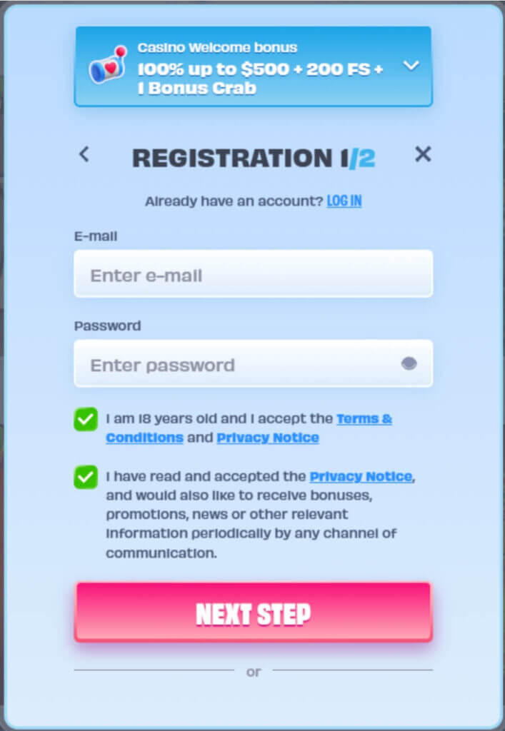 Registering at OnlySpins 